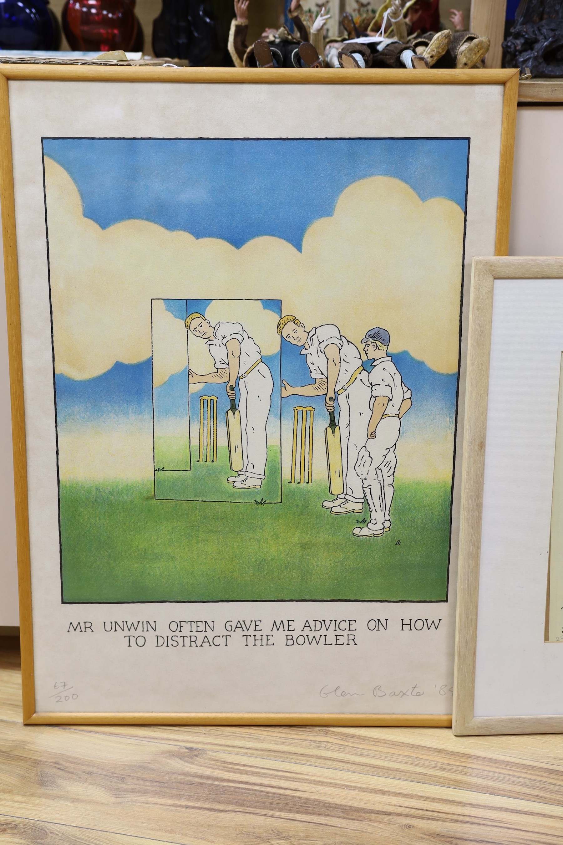 Glen Baxter (b.1944), two limited edition prints, 'Mr Unwin often gave me advice on how to distract the bowler', 67/200, and 'It displays all the outward appearances of a genuine Baxter ...', signed and dated '84/96, 73